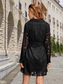 SHEIN Unity Button Front Belted Lace Shirt Dress - Black - View 2