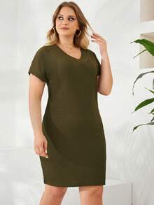 RueChic 大碼素色蝙蝠袖緊身連衣裙 - 軍綠色 - 查看 3