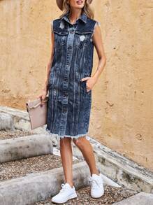 Rách Raw Hem Denim Áo vest - Rửa tối - Xem 1