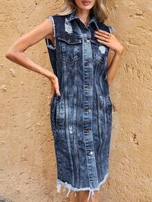 Rách Raw Hem Denim Áo vest - Rửa tối - Xem 3