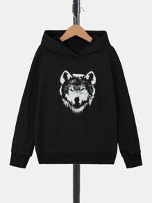 RueChic Tween Boy Wolf Print Hoodie - Black - View 1