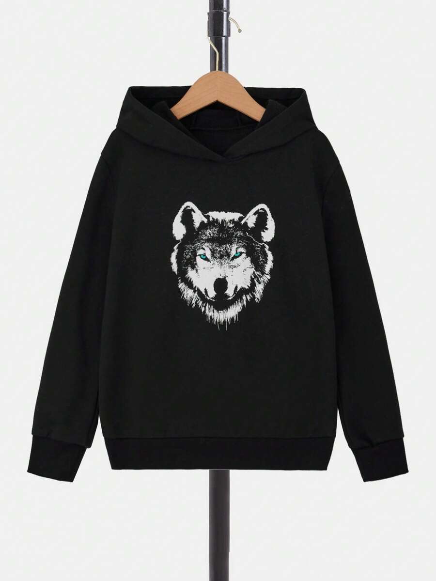 RueChic Tween Boy Wolf Print Hoodie - Black - View 1