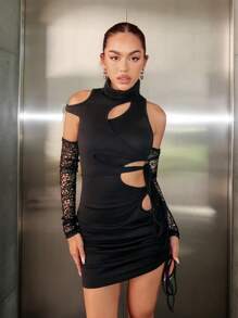 SHEIN ICON High Neck Cut Out Drawstring Side Bodycon Dress - Black - View 1