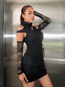 SHEIN ICON High Neck Cut Out Drawstring Side Bodycon Dress - Black - View 5