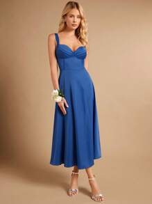 SHEIN Belle Chất rắn Xù Bustier Váy Phù dâu Dây - Màu xanh lam - Xem 1