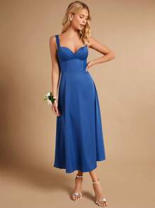 SHEIN Belle Chất rắn Xù Bustier Váy Phù dâu Dây - Màu xanh lam - Xem 3