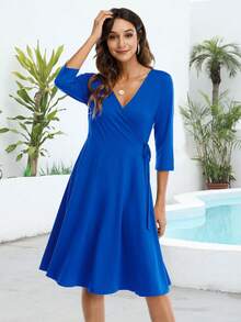 Solid Knot Side Wrap Dress - Royal Blue - View 3