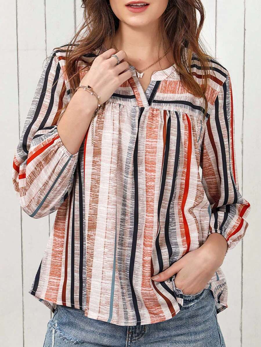 CILKOO Striped Notched Neck Babydoll Blouse
