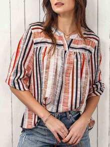 CILKOO Striped Notched Neck Babydoll Blouse
