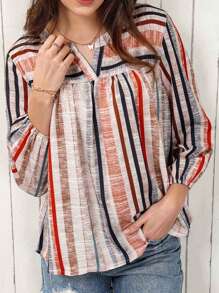 CILKOO Striped Notched Neck Babydoll Blouse