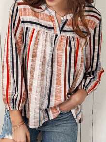 CILKOO Striped Notched Neck Babydoll Blouse