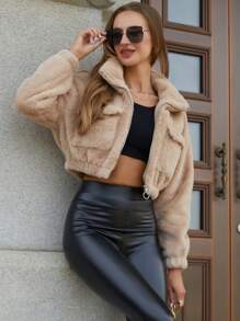 RELISH NOLESS 翻蓋口袋落肩袖短款毛茸茸外套 - 駝色 - 查看 1