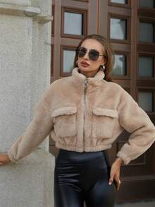 RELISH NOLESS 翻蓋口袋落肩袖短款毛茸茸外套 - 駝色 - 查看 7