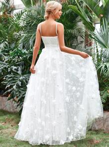 Appliques Mesh Overlay Cami Wedding Dress Without Veil - White - View 2