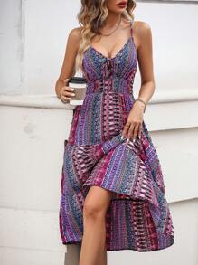 SHEIN LUNE 滿版印花前繫帶荷葉邊吊帶洋裝 - 紫色 - 查看 7