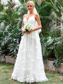 Appliques Mesh Overlay Cami Wedding Dress Without Veil - White - View 3