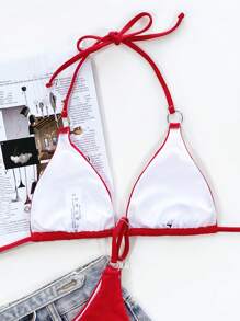 SHEIN Swim Summer Beach Ring Linked Halter Triangle Bikini Top - Red - View 2