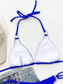 SHEIN Swim Summer Beach Ring Linked Halter Triangle Bikini Top - Royal Blue - View 2
