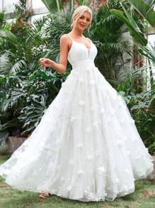 Appliques Mesh Overlay Cami Wedding Dress Without Veil - White - View 5