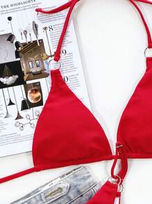 SHEIN Swim Summer Beach Ring Linked Halter Triangle Bikini Top - Red - View 4