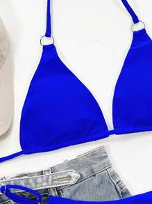 SHEIN Swim Summer Beach Ring Linked Halter Triangle Bikini Top - Royal Blue - View 4