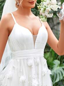 Appliques Mesh Overlay Cami Wedding Dress Without Veil - White - View 6