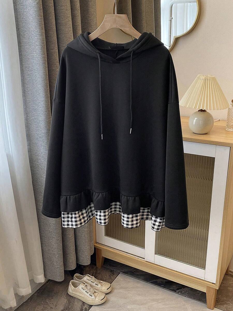 Talla grande Sudadera de guingán bajo con fruncido con cordón con capucha 2 en 1 - Negro - Ver 1