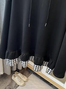 Talla grande Sudadera de guingán bajo con fruncido con cordón con capucha 2 en 1 - Negro - Ver 4