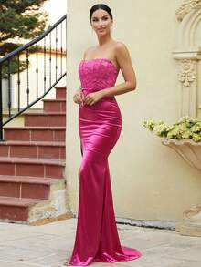 Missord Vestito da festa pizzo a contrasto a fessura alta in raso tubo - Fucsia - Visualizzare 3