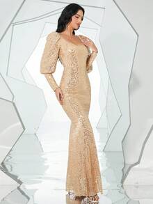 Missord 雞心領口羊腿袖亮片派對禮服