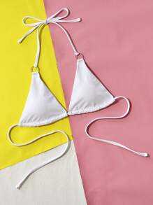 SHEIN Swim Summer Beach Ring Linked Halter Triangle Bikini Top - White - View 4