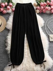 Plus Solid Knot Hem Pants - Black - View 1