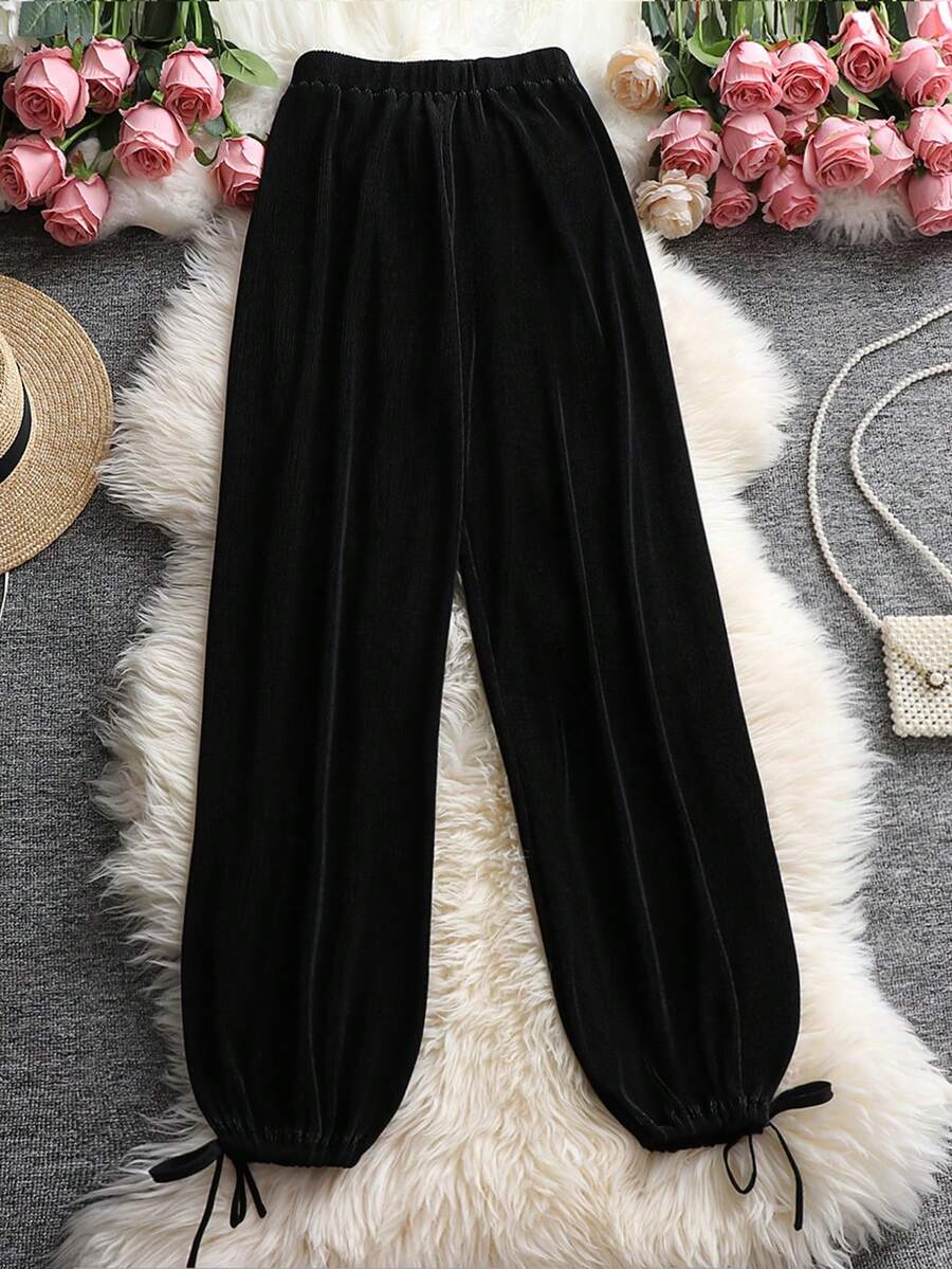 Plus Solid Knot Hem Pants - Black - View 1