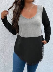 Plus Colourblock Contrast Lace Asymmetrical Hem Tee - Multicolor - View 1