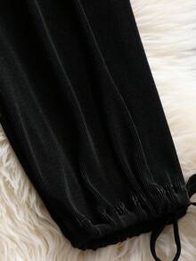 Plus Solid Knot Hem Pants - Black - View 5