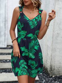 SHEIN LUNE Tropical Print O-ring Detail Dress - Green - View 5