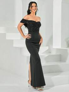 Missord Off Shoulder Contrast Sequin Mermaid Hem Party Dress Evening Dress - Black - View 3