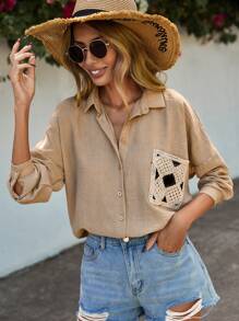 SHEIN PETITE Pocket Patched Drop Shoulder Shirt - Khaki - View 1
