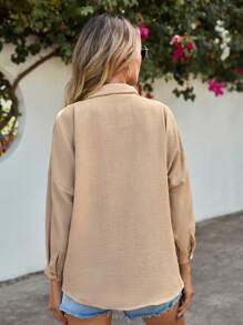 SHEIN PETITE Pocket Patched Drop Shoulder Shirt - Khaki - View 2