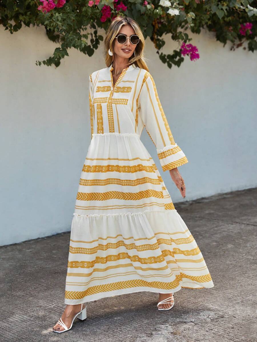 SHEIN Cottnline Geo Print Flare Sleeve Notched Neck Smock Dress - Multicolor - View 1