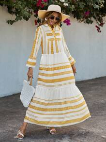 SHEIN Cottnline Geo Print Flare Sleeve Notched Neck Smock Dress - Multicolor - View 3