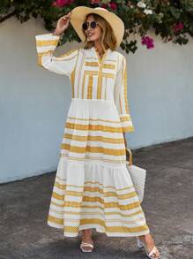 SHEIN Cottnline Geo Print Flare Sleeve Notched Neck Smock Dress - Multicolor - View 4