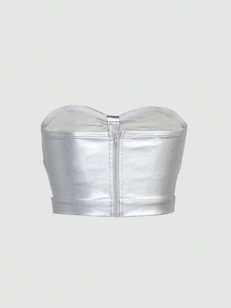 Metallic Cut Out Bow Tube Crop Top