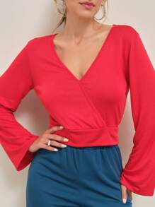 SHE(IN) BRASIL Chất rắn Tay áo chuông Áo phông Crop - Đỏ - Xem 3