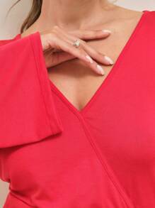 SHE(IN) BRASIL Chất rắn Tay áo chuông Áo phông Crop - Đỏ - Xem 4