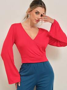 SHE(IN) BRASIL Chất rắn Tay áo chuông Áo phông Crop - Đỏ - Xem 5