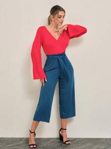 SHE(IN) BRASIL Chất rắn Tay áo chuông Áo phông Crop - Đỏ - Xem 6