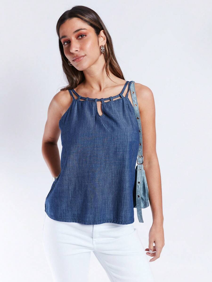 SHE(IN) BRASIL Top de tirantes con tira doble mezclilla - Azul lavado oscuro - Ver 1
