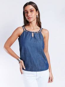 SHE(IN) BRASIL Top de tirantes con tira doble mezclilla - Azul lavado oscuro - Ver 3