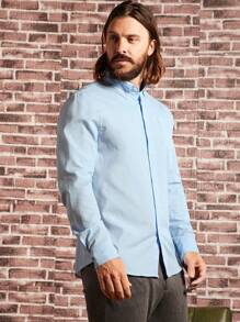 Manfinity NiteLyfe Men Solid Button Front Shirt Without Tie - Baby Blue - View 5